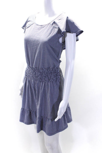 Parker Womens Short Sleeve Scoop Neck Striped Smocked Dress Blue White Small