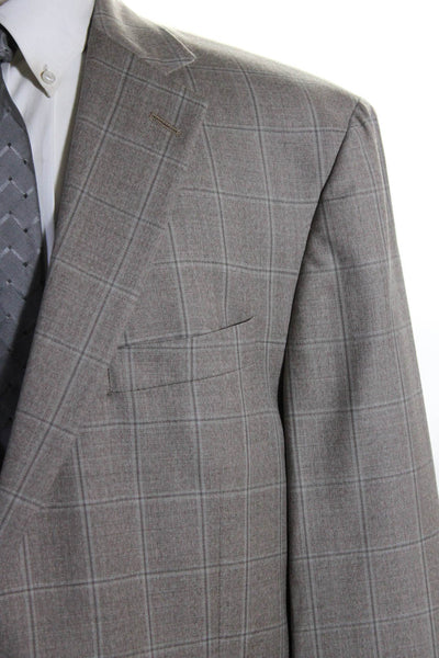 Hart Schaffner Marx Mens Beige Wool Plaid Two Button Long Sleeve Blazer Size 46L