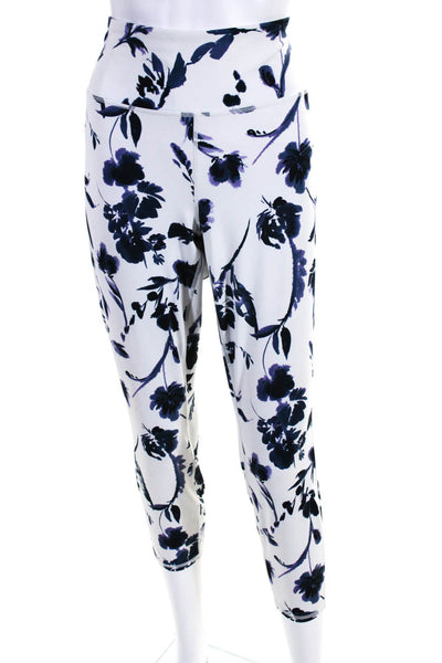 Athleta Womens Floral Print Ankle Athletic Leggings Pants White Navy Size XL