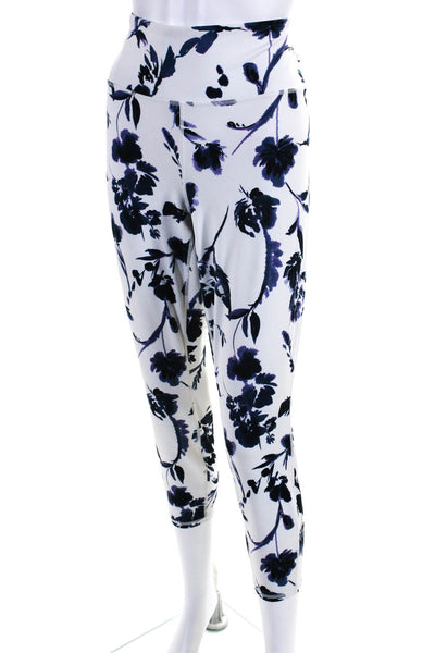 Athleta Womens Floral Print Ankle Athletic Leggings Pants White Navy Size XL