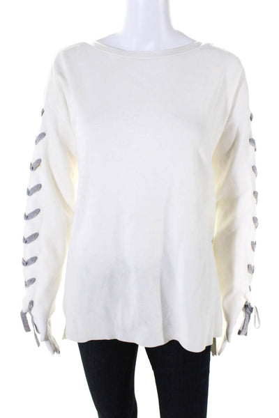 Karen Millen Womens Lace Up Long Sleeves Sweater White Grey Size Medium