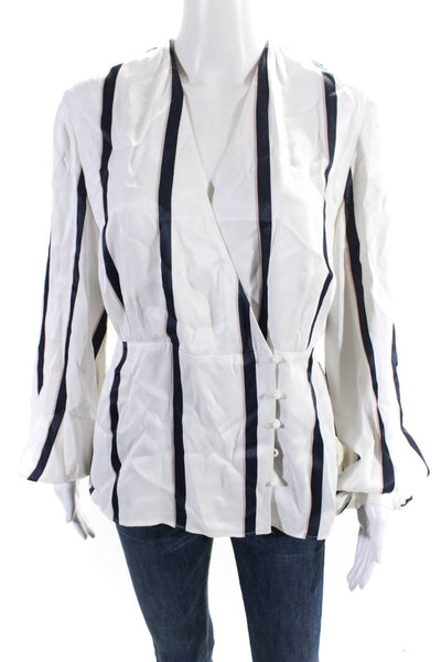 Equipment Femme Women's V-Neck Wrap Long Sleeves Cream Stripe Blouse Size M