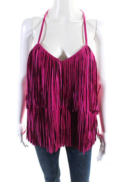 As by Df Women's Fringe Spaghetti Straps Suede Leather Tank Top Pink Size M