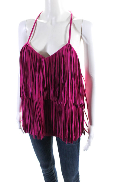 As by Df Women's Fringe Spaghetti Straps Suede Leather Tank Top Pink Size M