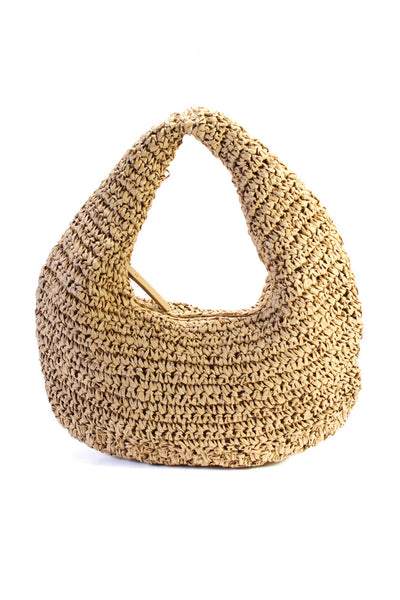 MNG Womens Small Woven Straw Zip Top Hobo Tote Handbag Natural