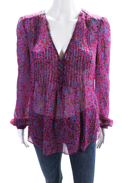 Veronica Beard Womens Floral Print Long Sleeve V Neck Blouse Purple Size 4