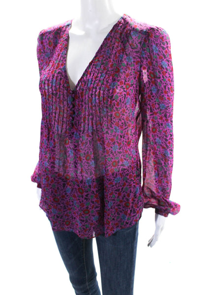 Veronica Beard Womens Floral Print Long Sleeve V Neck Blouse Purple Size 4