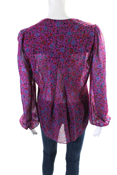 Veronica Beard Womens Floral Print Long Sleeve V Neck Blouse Purple Size 4