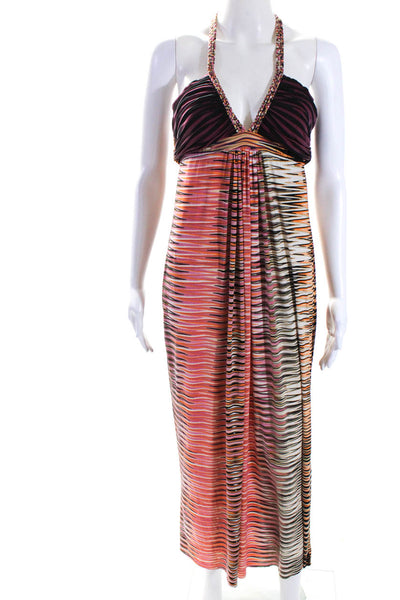 T Bags Los Angeles Womens Striped Print Braided Strappy Halter Dress Pink Size S