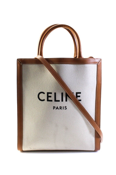 Celine Womens Canvas Small Vertical Cabas Leather Trim Tote Handbag Tan White
