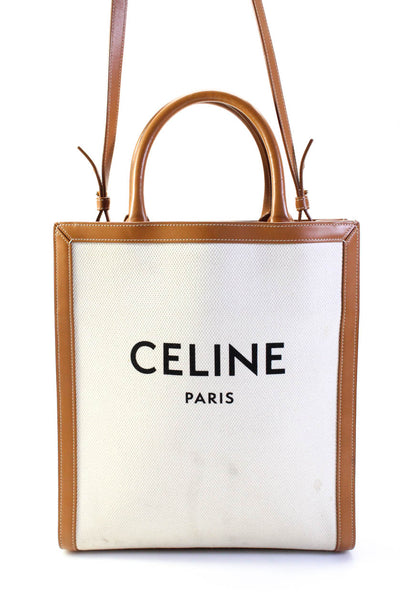 Celine Womens Canvas Small Vertical Cabas Leather Trim Tote Handbag Tan White