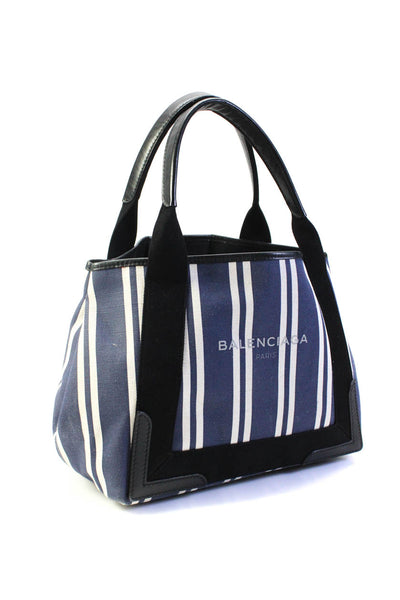 Balenciaga Womens Striped Canvas Navy Small Cabas Tote Handbag Navy Blue White