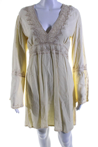 Calypso Saint Barth Womens Metallic Embroidered V Neck A Line Dress Yellow Small