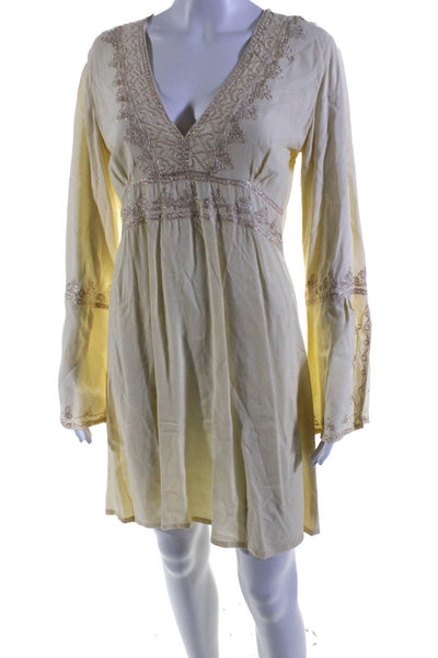 Calypso Saint Barth Womens Metallic Embroidered V Neck A Line Dress Yellow Small