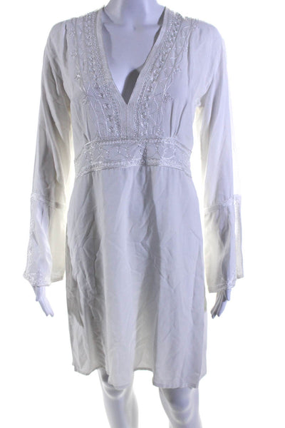 Calypso Christian Celle Womens Embroidered Bell Sleeve A Line Dress White Small