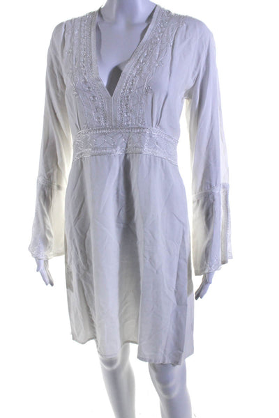 Calypso Christian Celle Womens Embroidered Bell Sleeve A Line Dress White Small