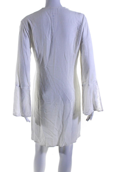 Calypso Christian Celle Womens Embroidered Bell Sleeve A Line Dress White Small