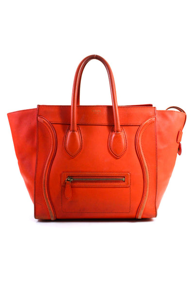 Celine Womens Winged Zip Top Mini Luggage Tote Handbag Red Orange Leather