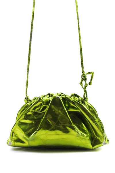 Bottega Veneta Womens Small Crushed Metallic Leather Mini Pouch Handbag Green