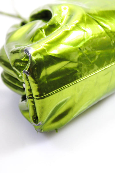 Bottega Veneta Womens Small Crushed Metallic Leather Mini Pouch Handbag Green