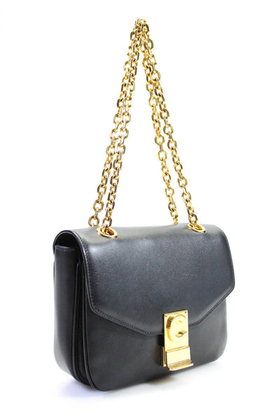 CelineWomens Small "C" Flap Chain Leather Shoulder Bag Handbag Black