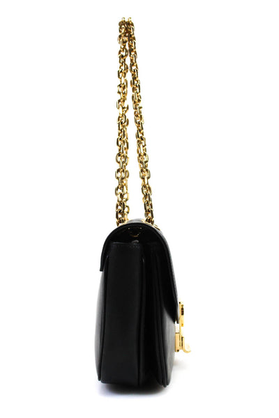 CelineWomens Small "C" Flap Chain Leather Shoulder Bag Handbag Black