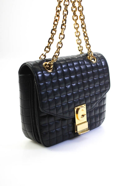 Celine Womens Quilted Small "C" Bag Leather Flap Crossbody Handbag Black