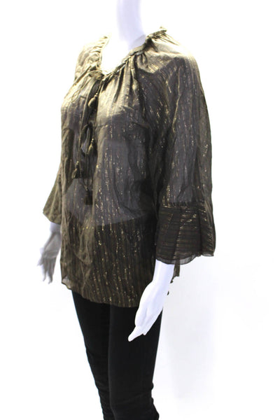 Rachel Zoe Womens Silk Striped Print Ruffled Flare Sleeve Blouse Green Size 4