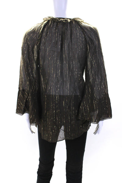 Rachel Zoe Womens Silk Striped Print Ruffled Flare Sleeve Blouse Green Size 4