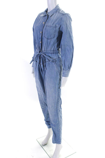 La Vie Womens Long Sleeve Denim Belted Button Up Jumpsuit Blue Size Small