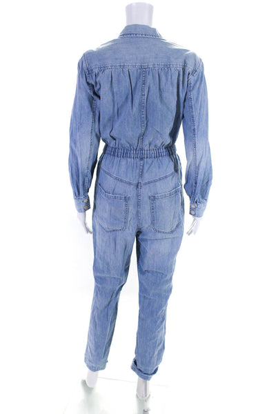 La Vie Womens Long Sleeve Denim Belted Button Up Jumpsuit Blue Size Small