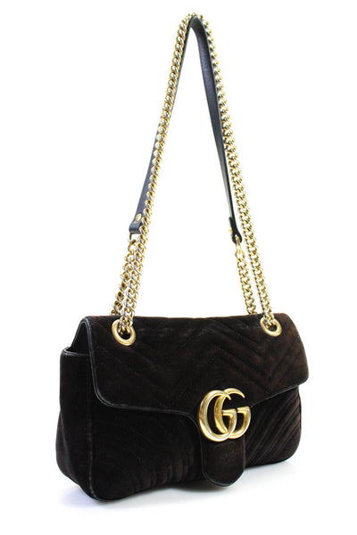 Gucci Womens GG Marmont Matelasse Velvet Small Shoulder Handbag Dark Brown