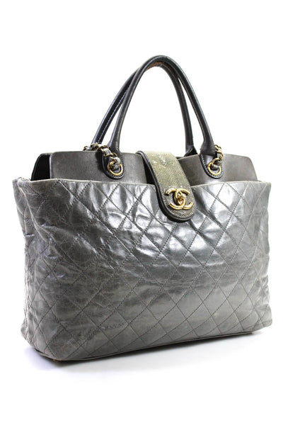Chanel Womens Quilted CC Turnlock Glazed Calfskin CC Stingray Bindi Tote Handbag