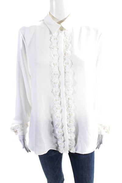 Anne Fontaine Womens Long Sleeves Floral Embellish Button Up Blouse White Size 4