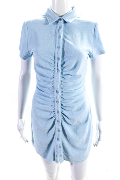 Isalis Womens Velvet Button Down Ruched Shirt Dress Sky Blue Cotton Size Medium