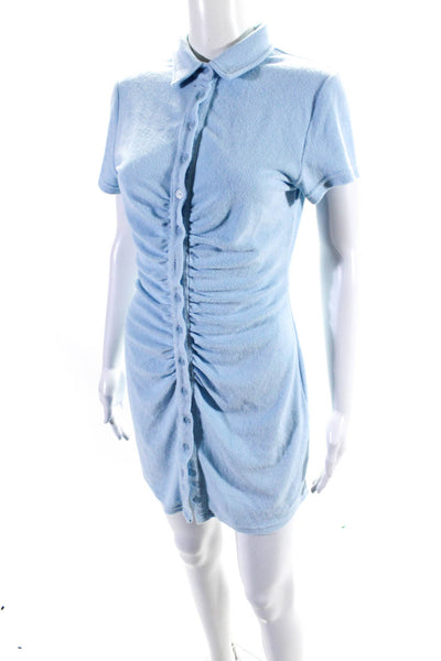 Isalis Womens Velvet Button Down Ruched Shirt Dress Sky Blue Cotton Size Medium