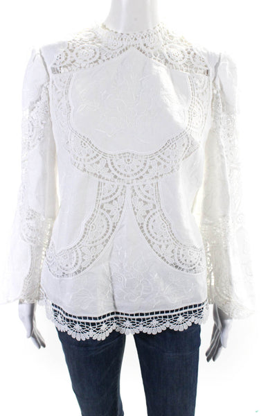 Zimmermann Womens Linen Blend Embroidered Long Sleeve Blouse Top White Size 2