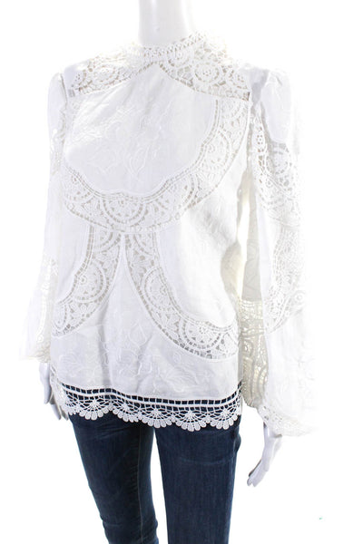 Zimmermann Womens Linen Blend Embroidered Long Sleeve Blouse Top White Size 2