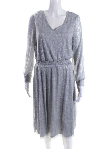 MSK Women's V-Neck Long Sleeves Cinch Waist Flare Midi Dress Silver Size PL