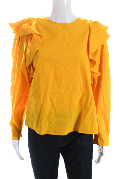 Tara Jarmon Womens Yellow Ruffle Button Back Long Sleeve Blouse Top Size 38