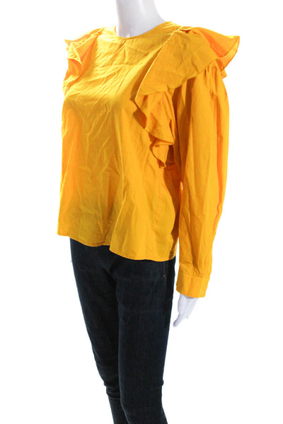 Tara Jarmon Womens Yellow Ruffle Button Back Long Sleeve Blouse Top Size 38