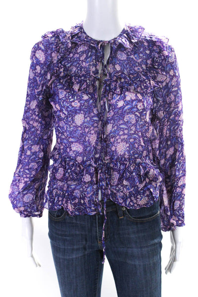 Maje Womens Floral Print V-Neck Long Sleeve Button Up Blouse Top Purple Size 1