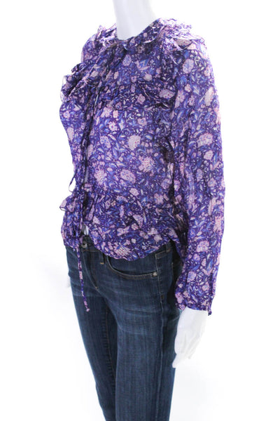 Maje Womens Floral Print V-Neck Long Sleeve Button Up Blouse Top Purple Size 1