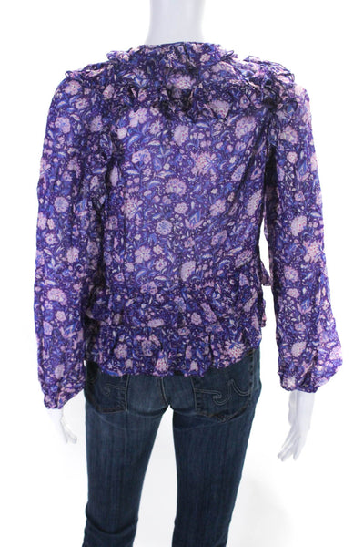 Maje Womens Floral Print V-Neck Long Sleeve Button Up Blouse Top Purple Size 1