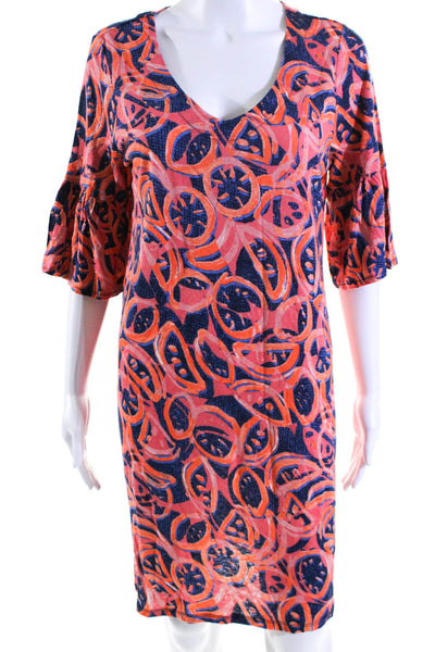 Nic + Zoe Womens Short Sleeve Scoop Neck Printed Dress Orange Pink Navy Medium