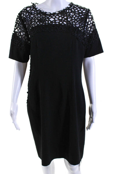 T Tahari Womens Zip Up Short Sleeve Embroidered Trim Sheath Dress Black Size 14