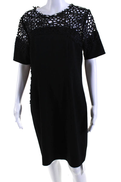 T Tahari Womens Zip Up Short Sleeve Embroidered Trim Sheath Dress Black Size 14