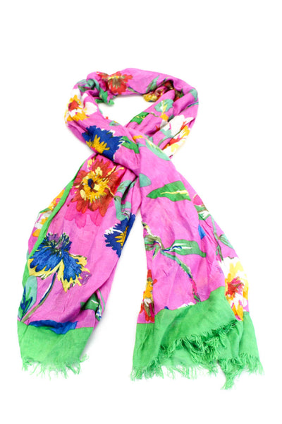 Kate Spade New York Womens Knit Fringe Trim Floral Print Scarf Green Pink