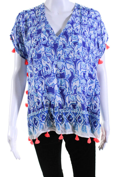 Lilly Pulitzer Womens Short Sleeve V Neck Elephant Print Tassel Top Blue 2XS/XS