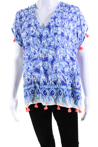 Lilly Pulitzer Womens Short Sleeve V Neck Elephant Print Tassel Top Blue 2XS/XS